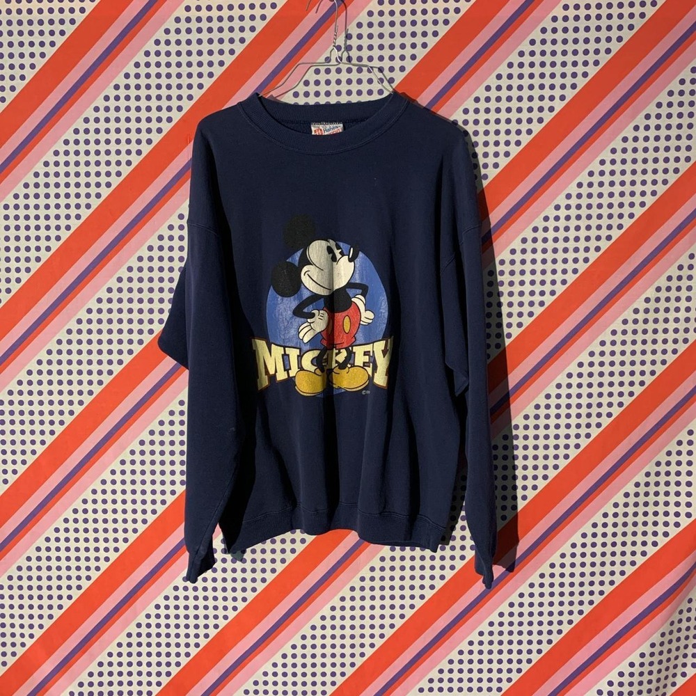 Vintage 80s Mickey Mouse Hanes Heavyweight Crewneck Sweatshirt Navy Blue Large